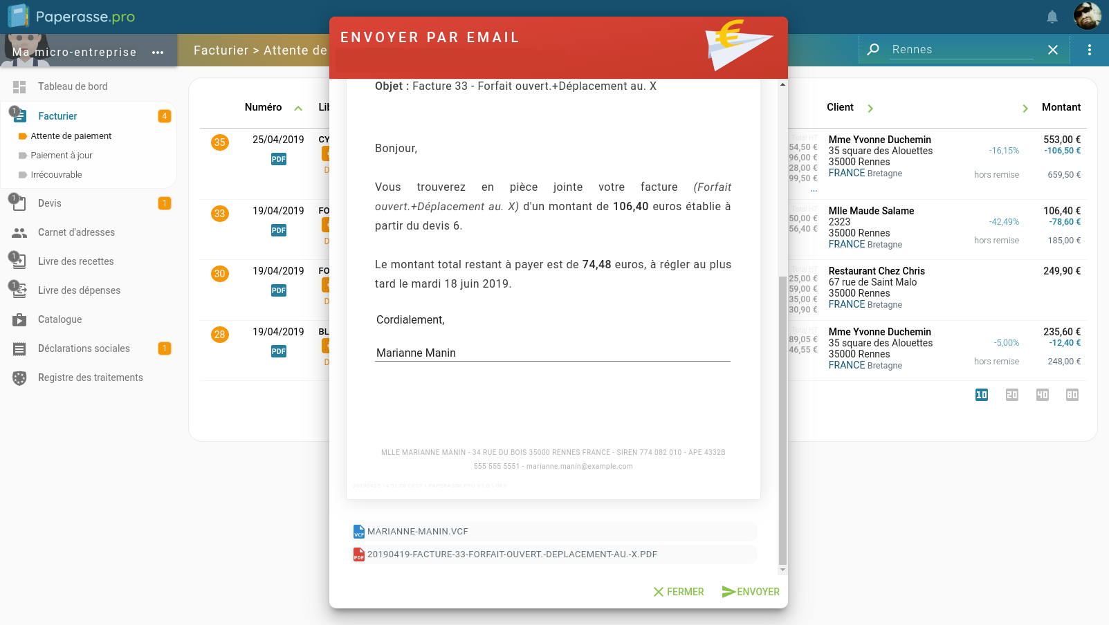 Capture d'écran Ordinateur de bureau : Envoi de la facture au format PDF et de la carte de visite du micro-entrepreneur par Email