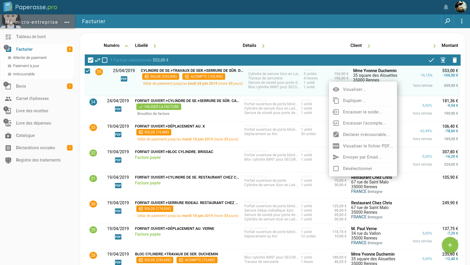Capture d'écran Ordinateur de bureau : Facturier du micro-entrepreneur avec sélection pour effectuer des opérations groupées comme le téléchargement au format CSV