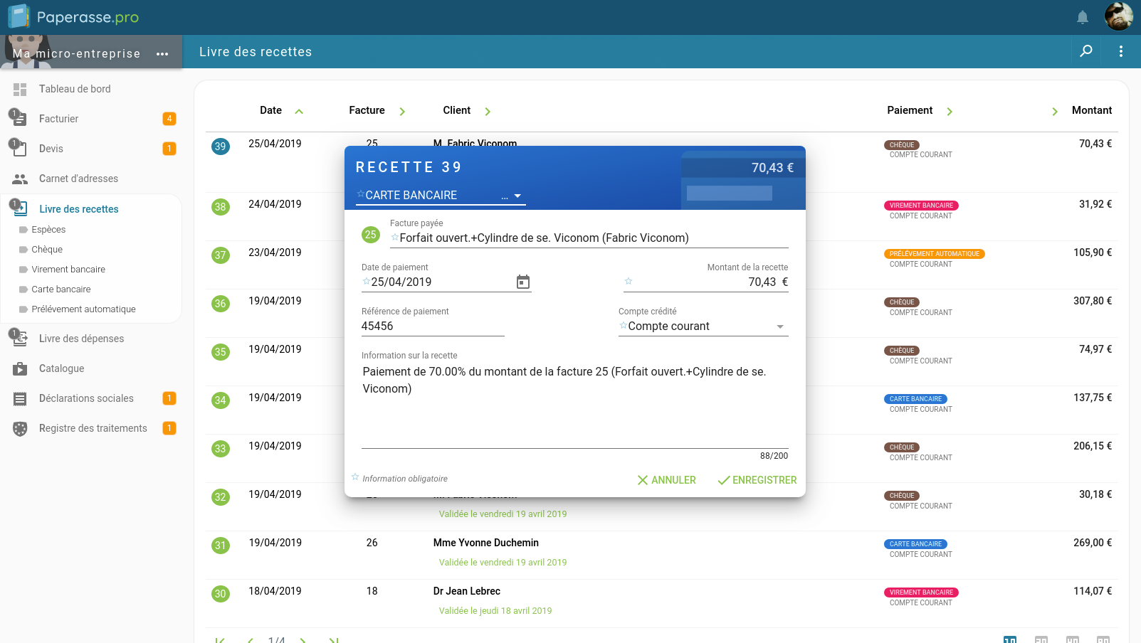 Capture d'écran Ordinateur de bureau : Encaissement par carte bancaire d'une facture dans le livre des recettes du micro-entrepreneur