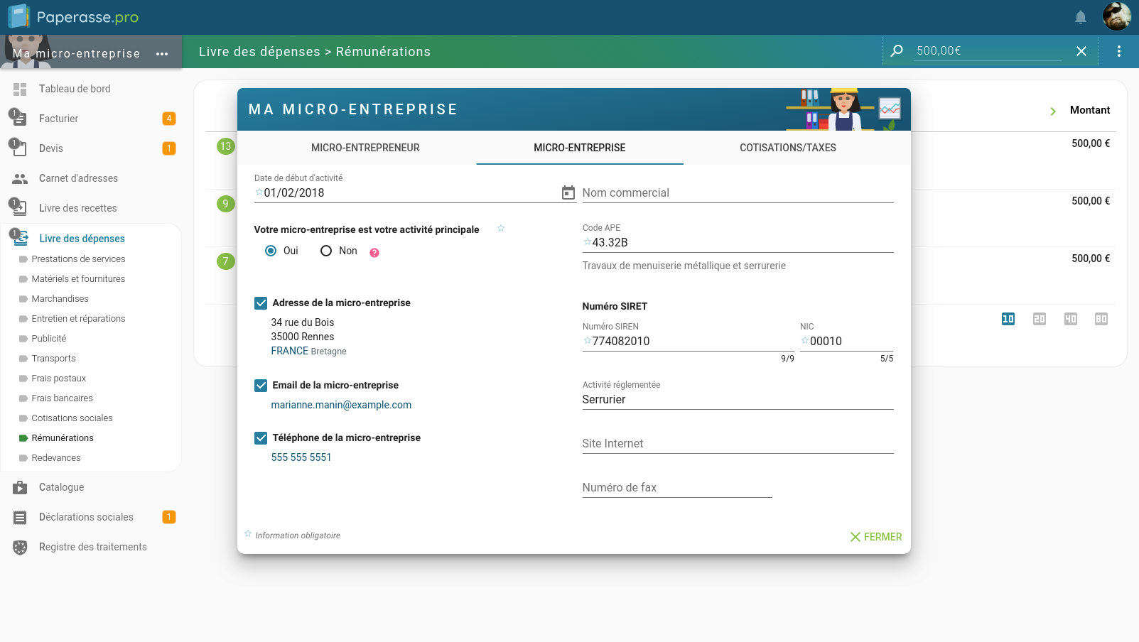 Capture d'écran Ordinateur de bureau : Paramètre de la micro-entreprise
