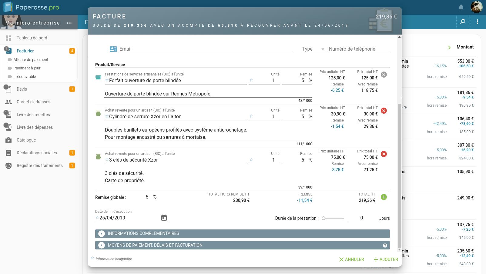 Capture d'écran Ordinateur de bureau : Saisie d'une nouvelle facture du micro-entrepreneur avec l'ajout de produit et service et la définition des réductions