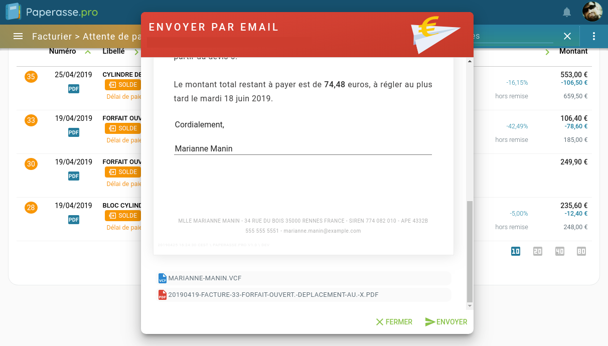 Capture d'écran Ordinateur portable : Envoi de la facture au format PDF et de la carte de visite du micro-entrepreneur par Email