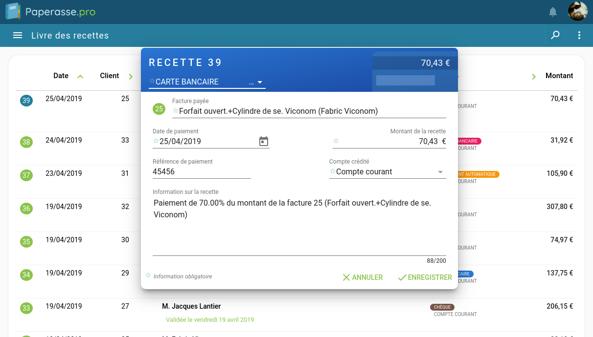 Capture d'écran Ordinateur portable : Encaissement par carte bancaire d'une facture dans le livre des recettes du micro-entrepreneur