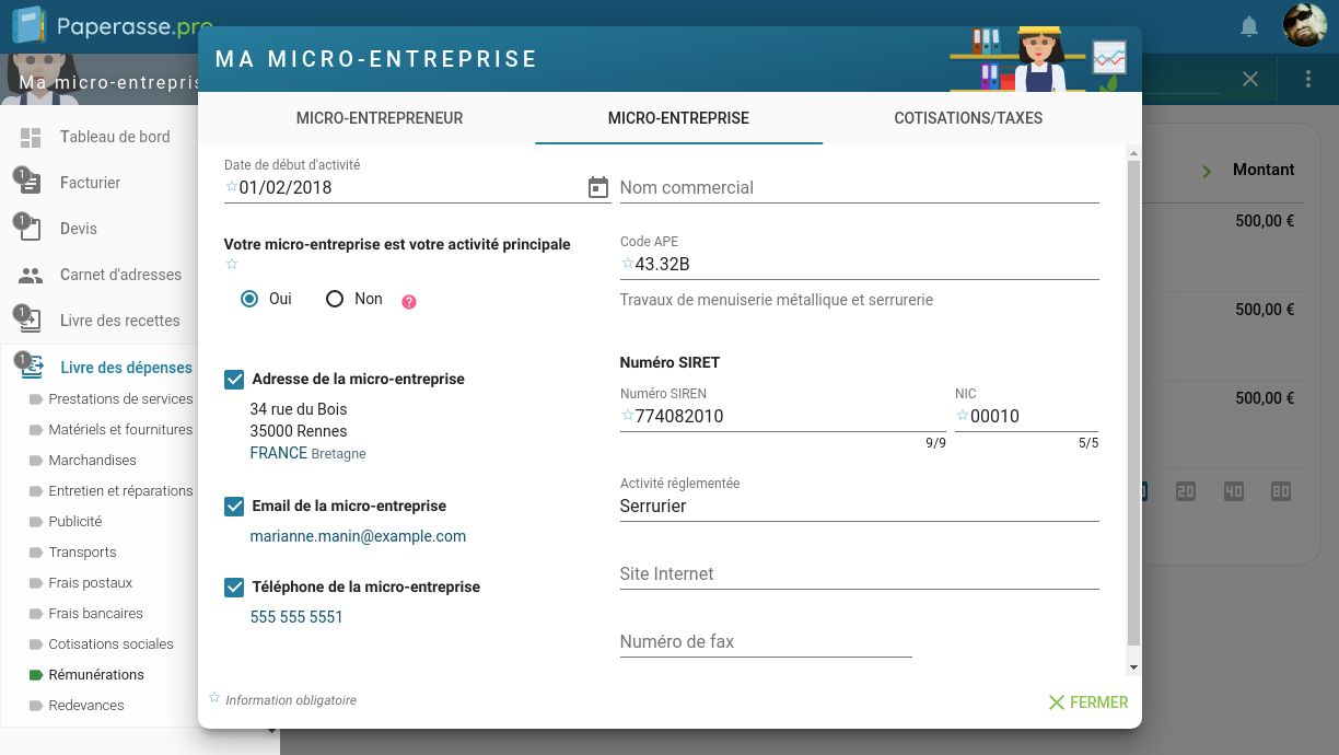 Capture d'écran Ordinateur portable : Paramètre de la micro-entreprise