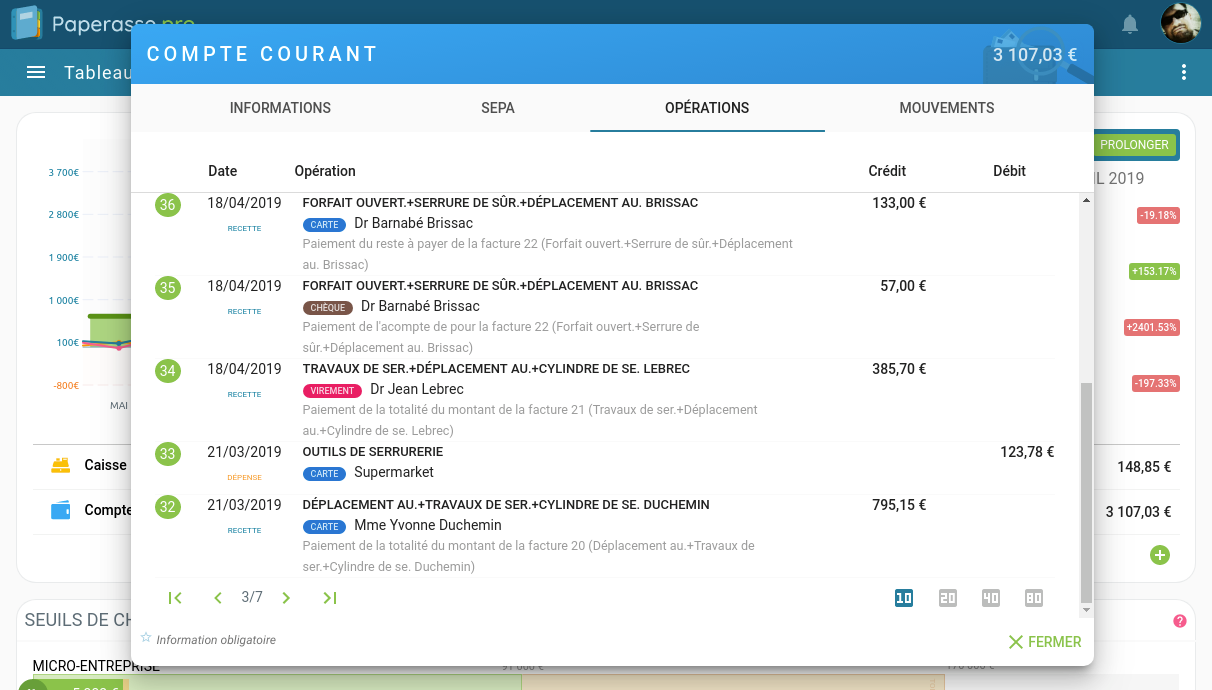 Capture d'écran Ordinateur portable : Liste des opérations bancaires sur le compte du micro-entrepreneur permettant de faire le rapprochement bancaire