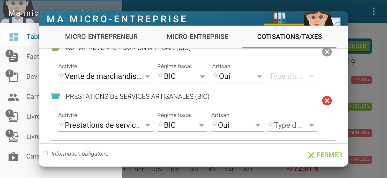 Capture d'écran Smartphone : Paramètrage des activités du micro-entrepreneur (auto-entrepreneur) pour le calcul, des seuils, des cotisations et des taxes