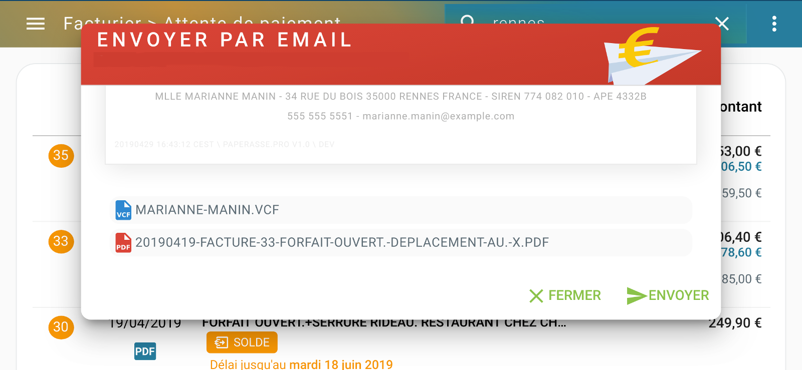 Capture d'écran Smartphone : Envoi de la facture au format PDF et de la carte de visite du micro-entrepreneur par Email