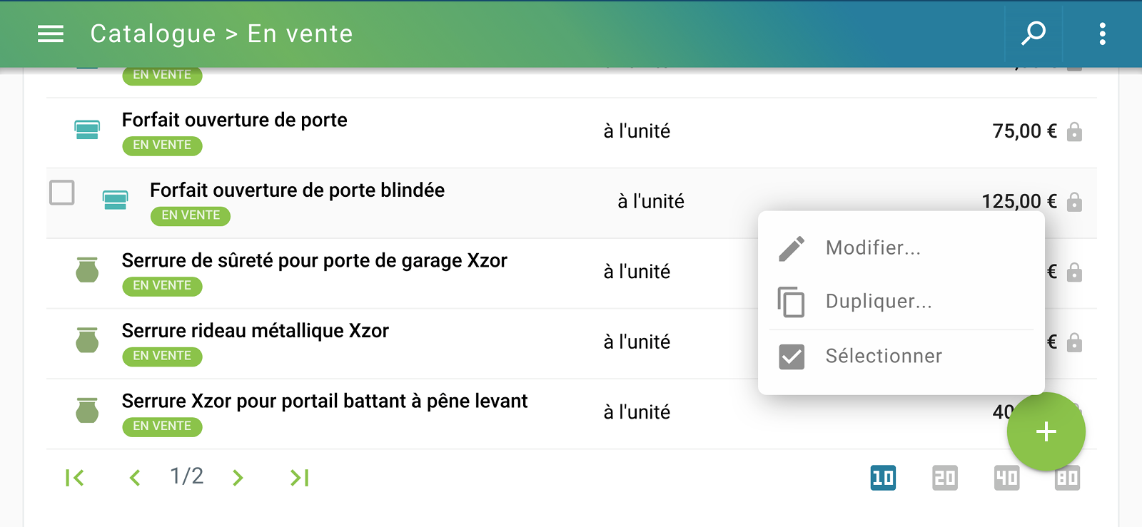 Capture d'écran Smartphone : Catalogue des produits et services disponible à la vente par le micro-entrepreneur (anciennement auto-entrepreneur)