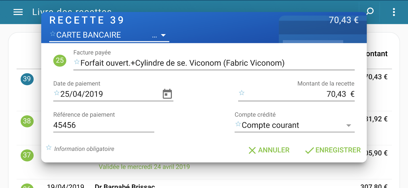 Capture d'écran Smartphone : Encaissement par carte bancaire d'une facture dans le livre des recettes du micro-entrepreneur