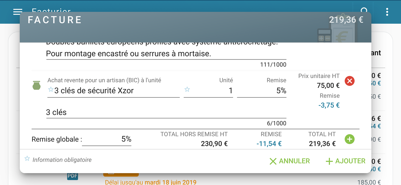 Capture d'écran Smartphone : Saisie d'une nouvelle facture du micro-entrepreneur avec l'ajout de produit et service et la définition des réductions