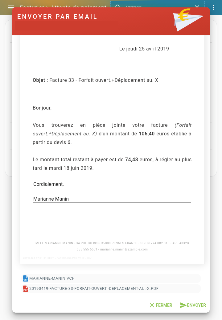 Capture d'écran Tablette : Envoi de la facture au format PDF et de la carte de visite du micro-entrepreneur par Email