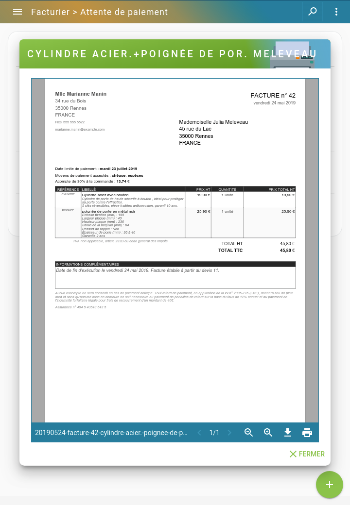 Capture d'écran Tablette : Ecran de visualisation d'une facture micro-entrepreneur au format PDF pour son impression ou son téléchargement