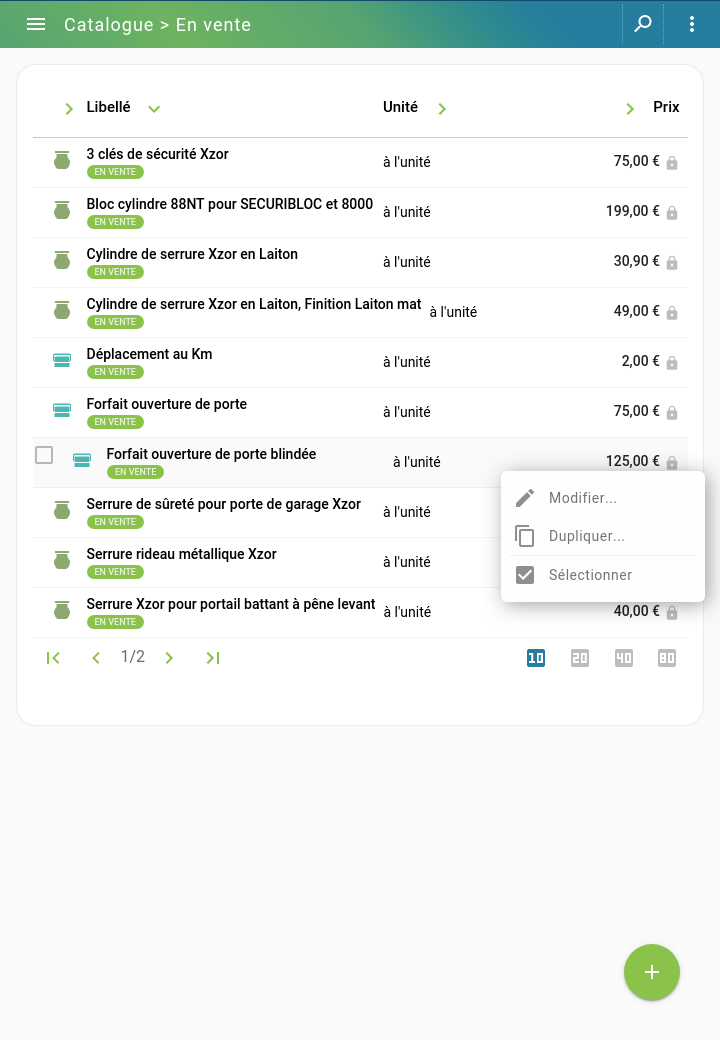 Capture d'écran Tablette : Catalogue des produits et services disponible à la vente par le micro-entrepreneur (anciennement auto-entrepreneur)