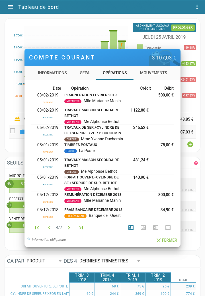 Capture d'écran Tablette : Liste des opérations bancaires sur le compte du micro-entrepreneur permettant de faire le rapprochement bancaire