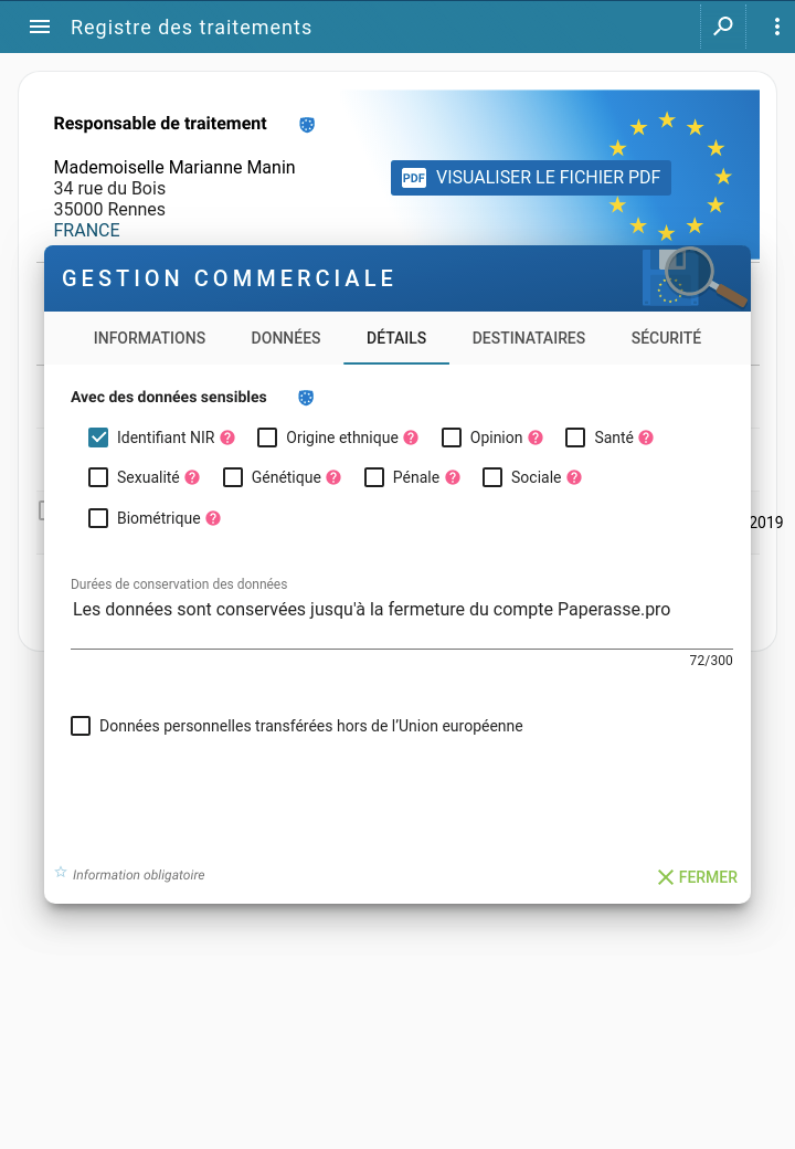 Capture d'écran Tablette : Modification d'un traitement de données du registre de données de la micro-entreprise pour le RGPD