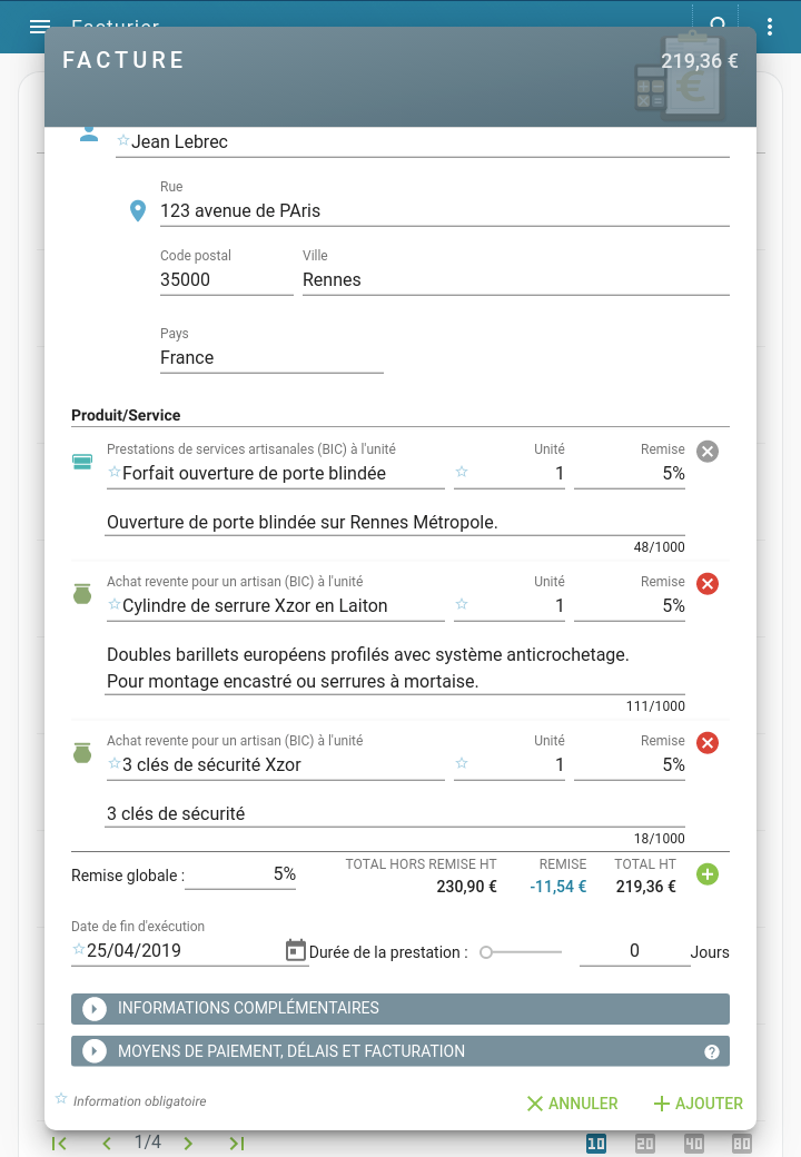 Capture d'écran Tablette : Saisie d'une nouvelle facture du micro-entrepreneur avec l'ajout de produit et service et la définition des réductions